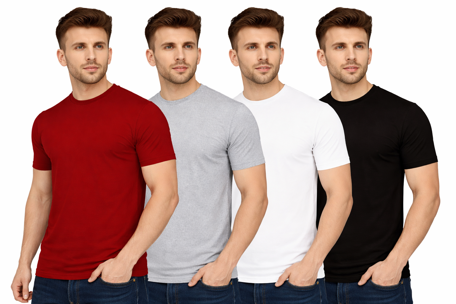 Premium Men’s Solid Crew Neck T-Shirts (Pack of 4) – Red, Grey, White & Black