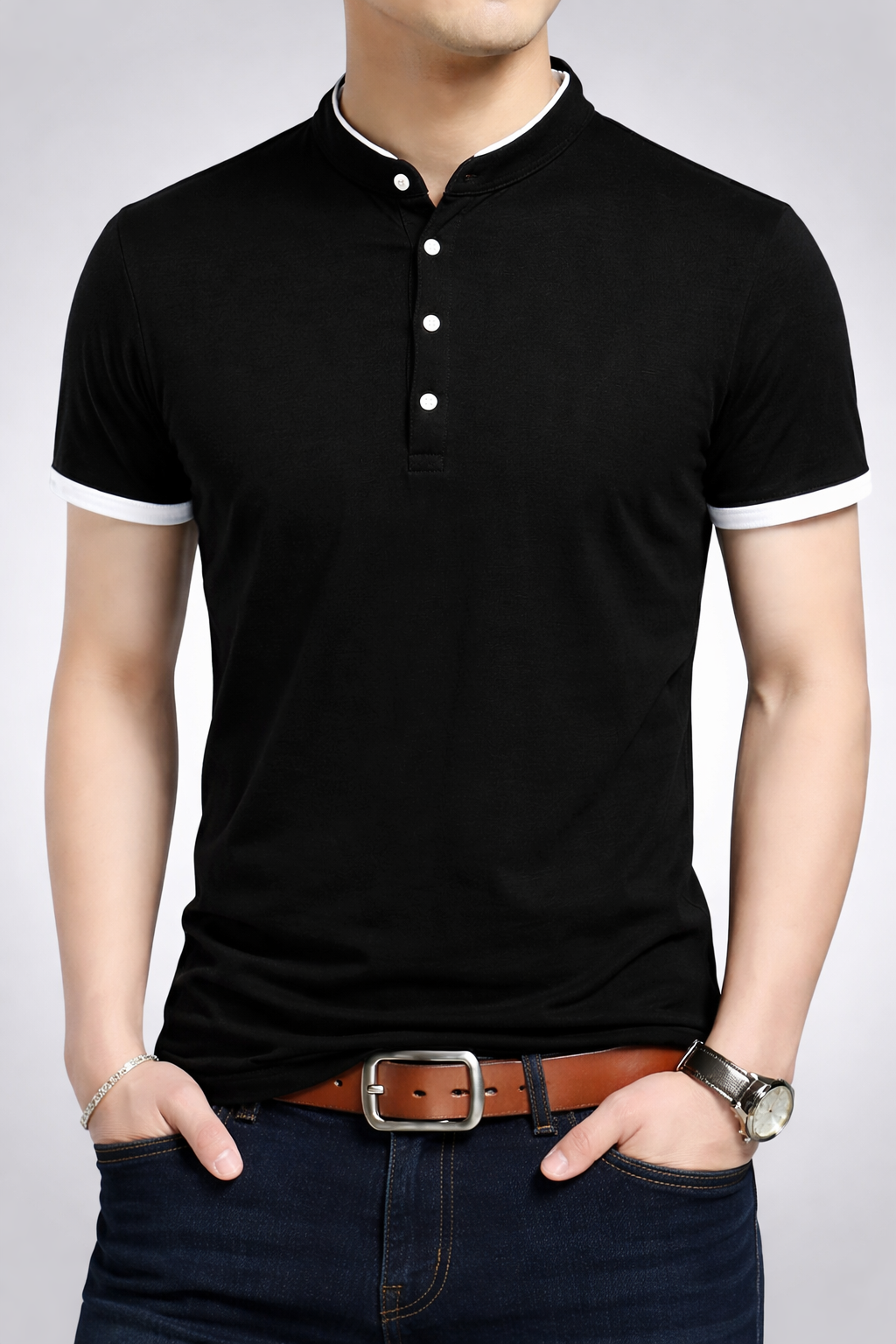 Men’s Black Henley Neck T-Shirt
