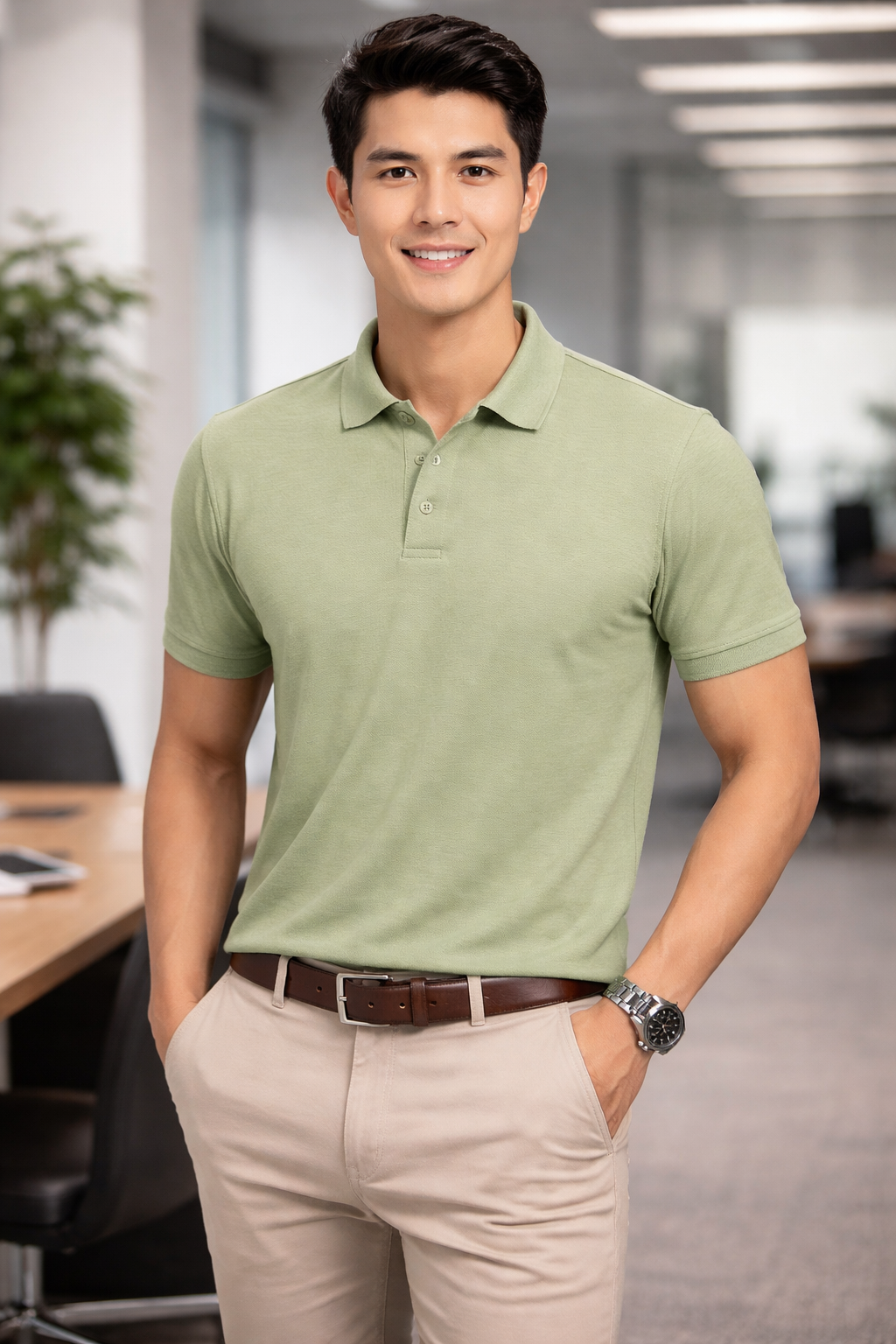 Men’s Premium Solid Polo T-Shirt – Smart Casual Office Wear (Olive Green)