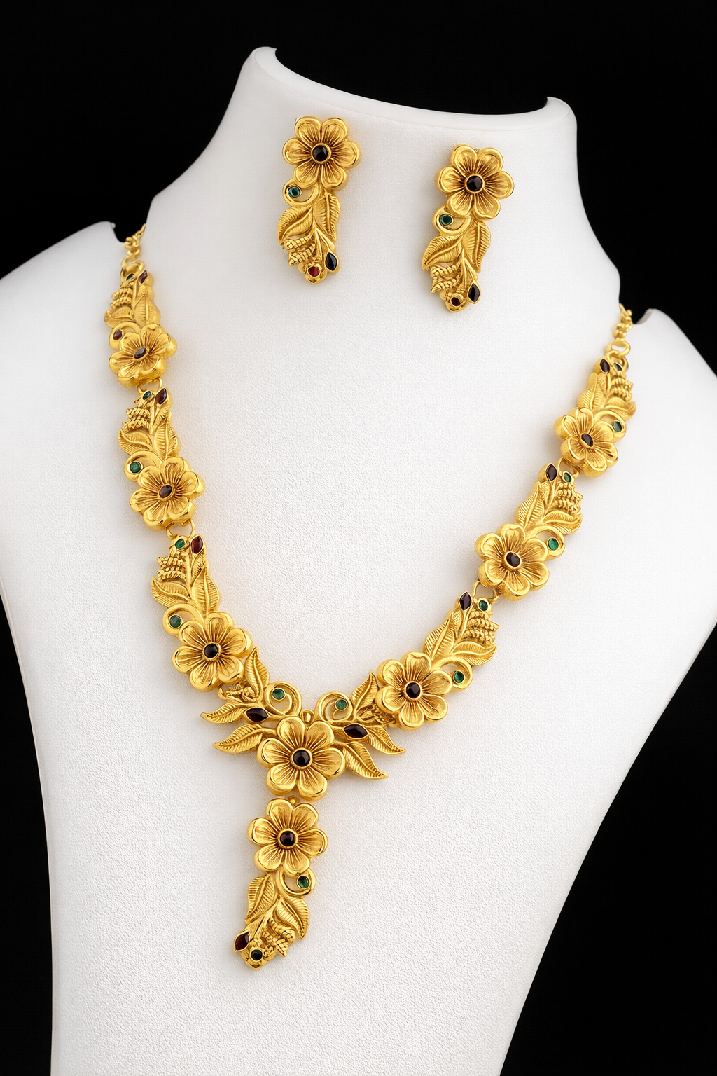 Elegant Floral Gold Necklace Set with Gemstone Accents