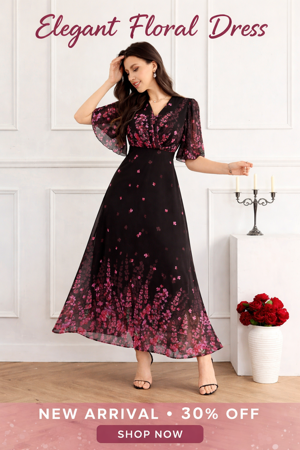 Nautiful Floral Print Georgette Stitched Flared Gown (Black)