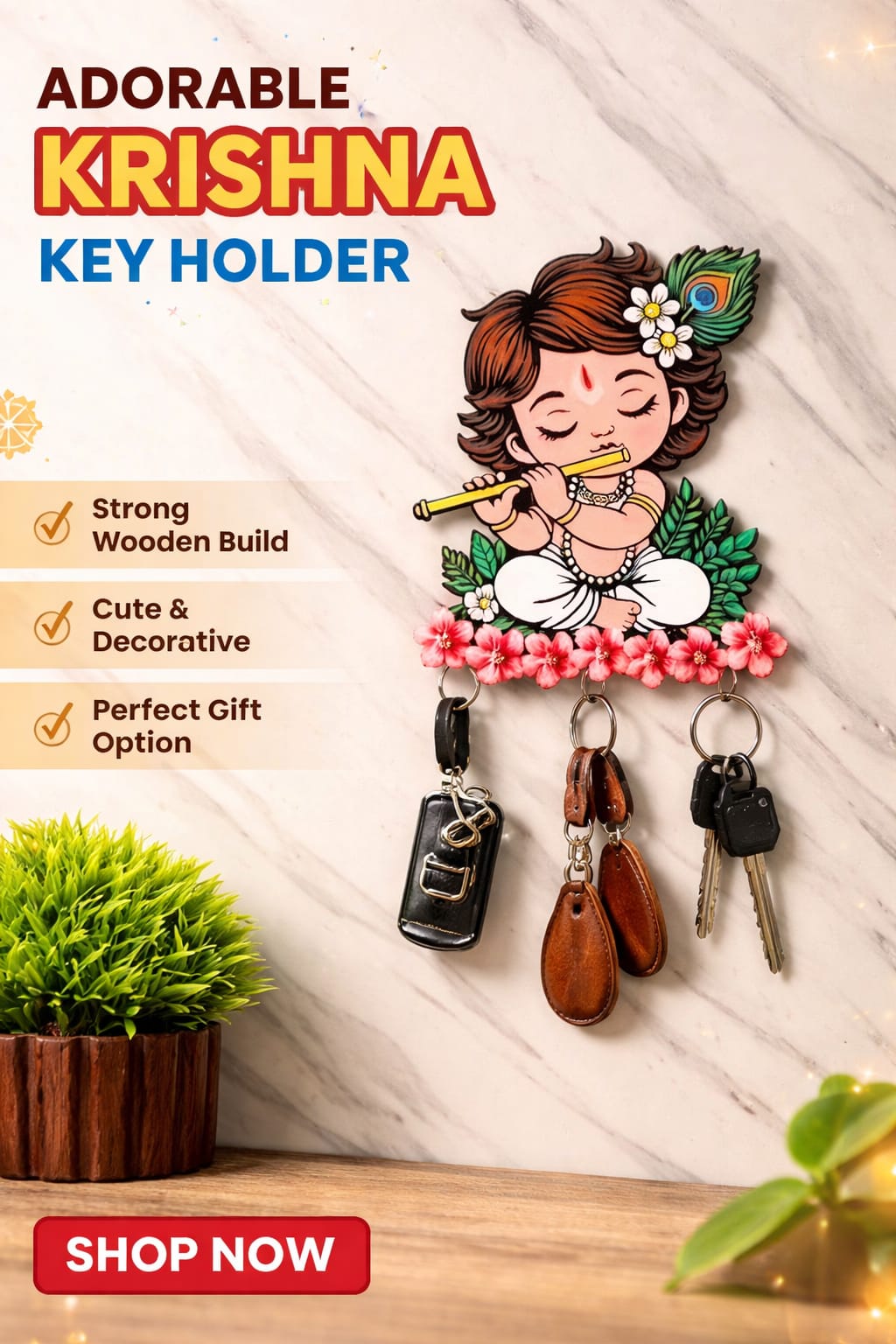 Krishna Wooden Wall Key Holder, Key Hanger for Living Room  11.5' x 5.5' Inch Multi, (Pack of 1})