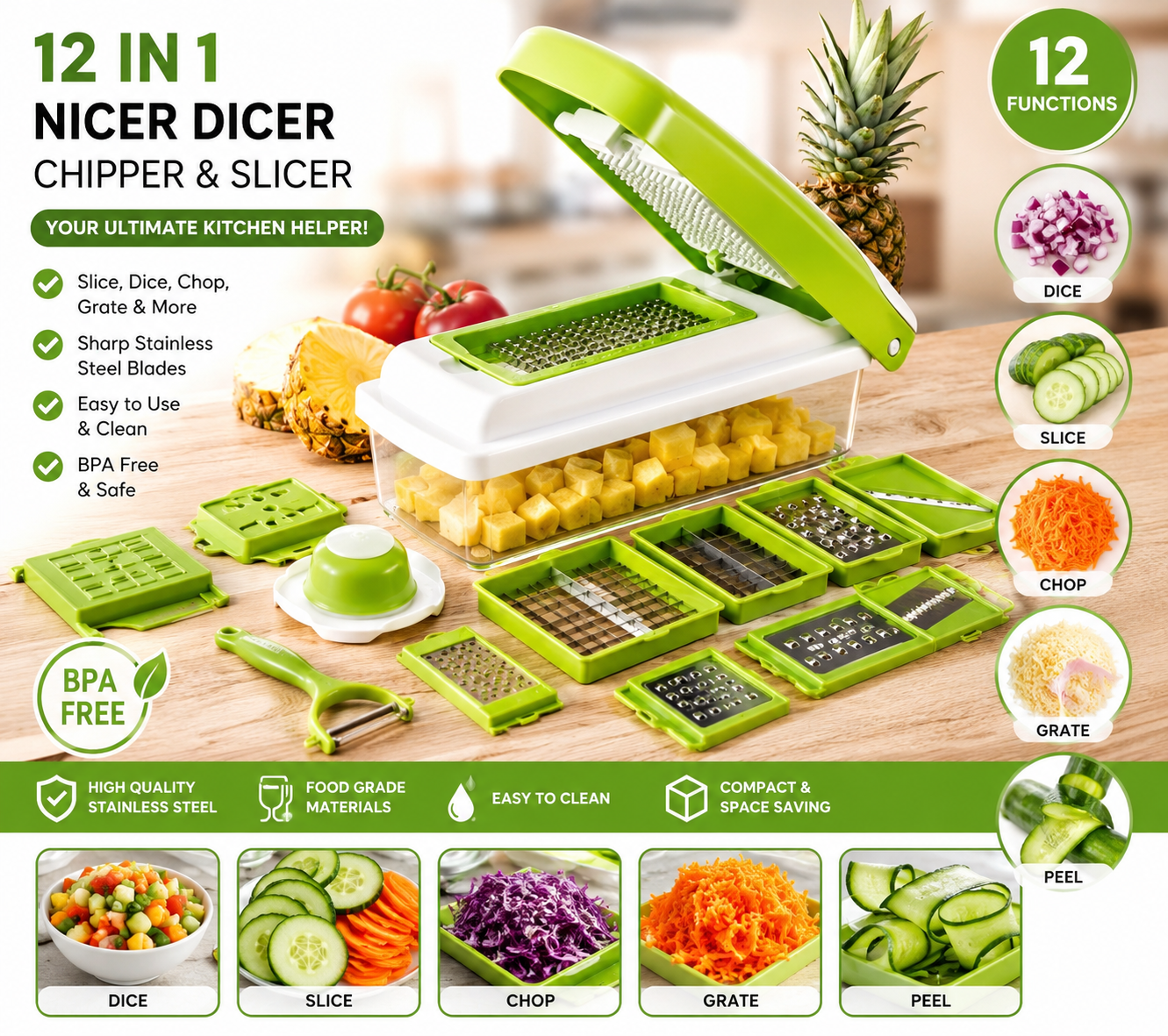 12 in 1 Nicer Dicer Vegetable Chopper & Slicer | Multi-Function Onion Cutter, Potato Chipper, Fruit Cutter, Peeler & Grater for Kitchen