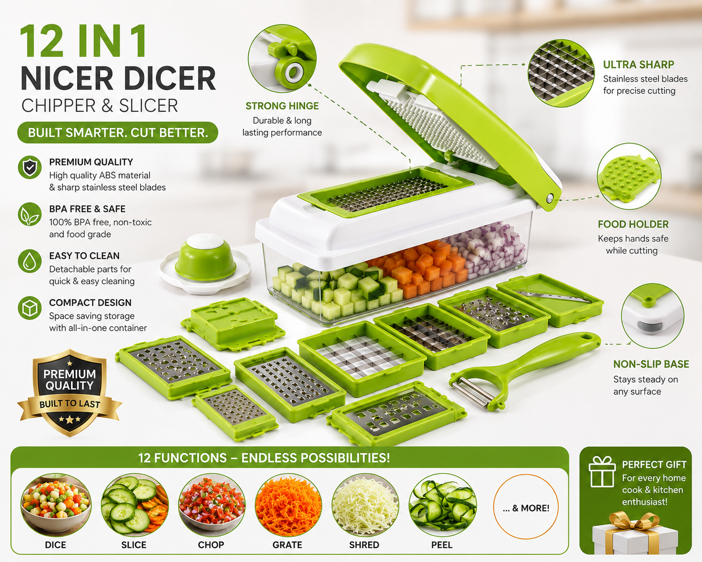 12 in 1 Nicer Dicer Vegetable Chopper & Slicer | Multi-Function Onion Cutter, Potato Chipper, Fruit Cutter, Peeler & Grater for Kitchen